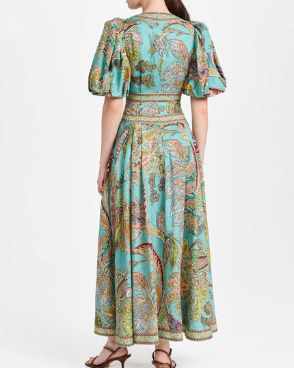 "Turquoise Paisley" Puff Sleeve V-Neck Maxi Dress