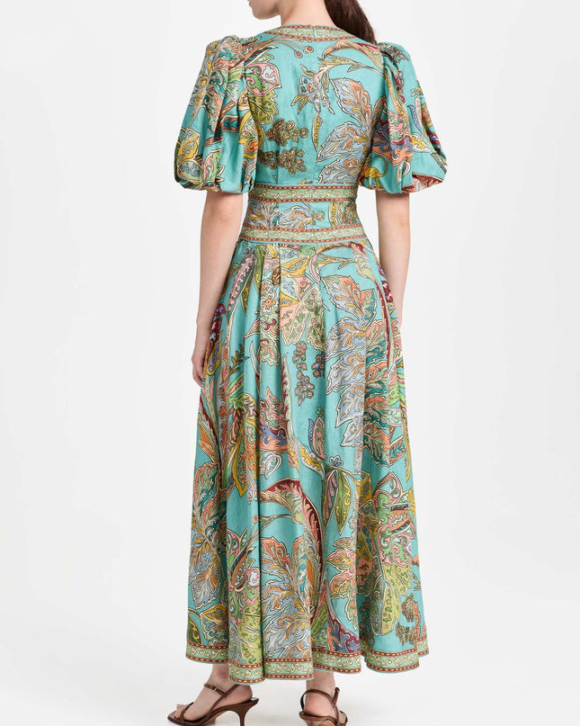 "Turquoise Paisley" Puff Sleeve V-Neck Maxi Dress