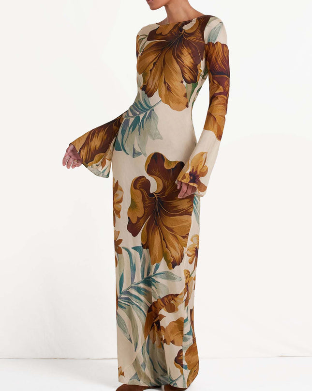"Tropical Sepia" Floral Print Maxi Dress