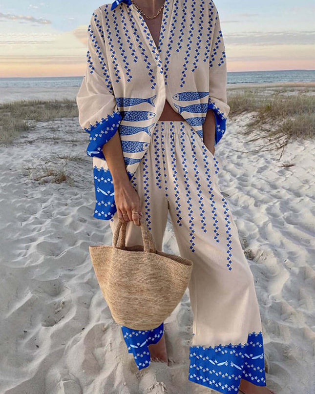 Striped Fish Print Two-Piece Set