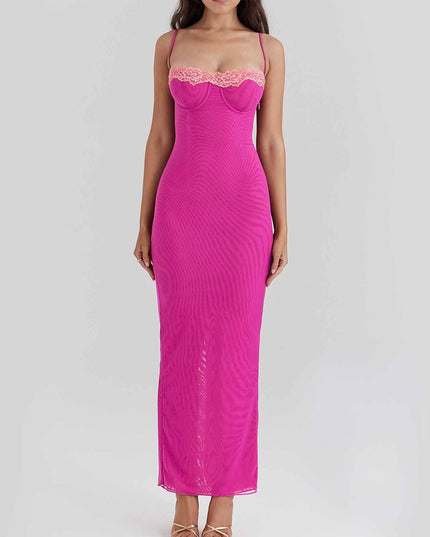 "Blush Lace" Hot Pink Mesh Maxi Dress with Pink Lace Trim