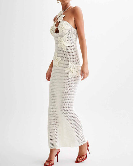 "Tropical Bloom" White Crochet Floral Halter Maxi Dress