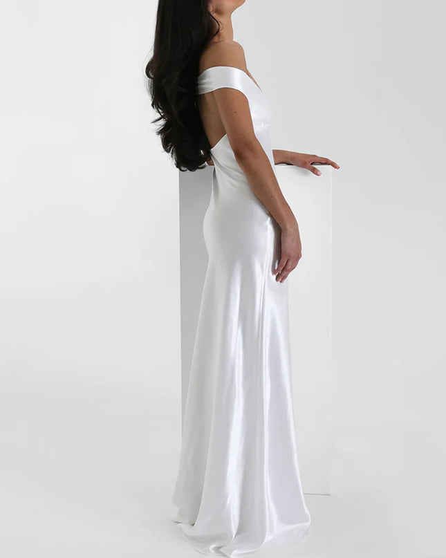 "Bridal Bliss" White Satin Off-the-Shoulder Maxi Dress