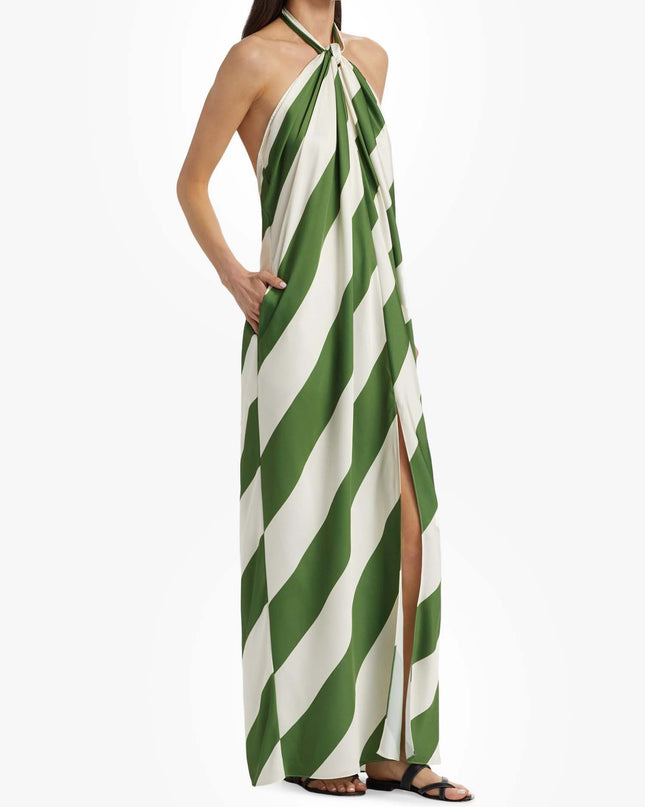 "Verdant Stripe" Halter Neck Maxi Dress