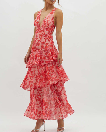 "Crimson Petal" Red Floral Tiered Maxi Dress