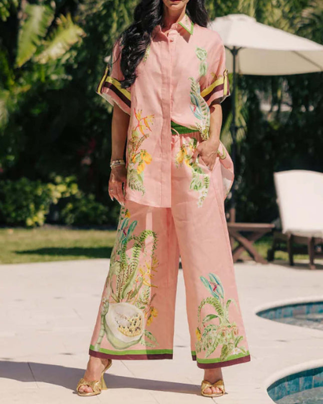 "Tropical Papaya" Blush Linen Tropical Print Set