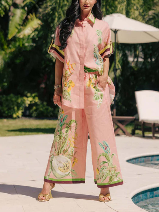 "Tropical Papaya" Blush Linen Tropical Print Set