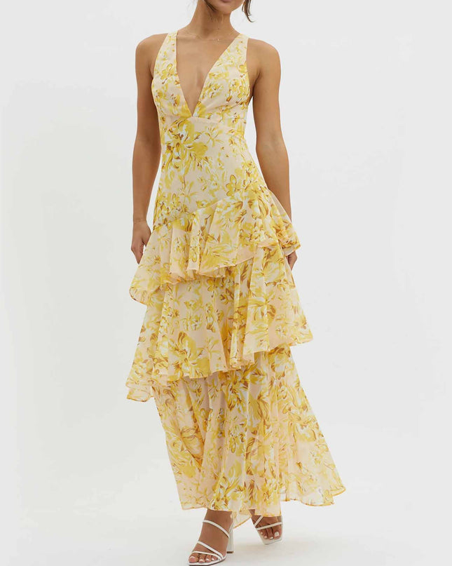 "Sunlit Petal" Yellow Floral Tiered Maxi Dress