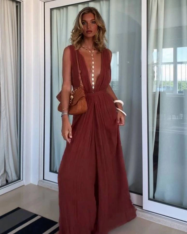 "Terracotta Breeze" Halter Neck Plunge Maxi Dress