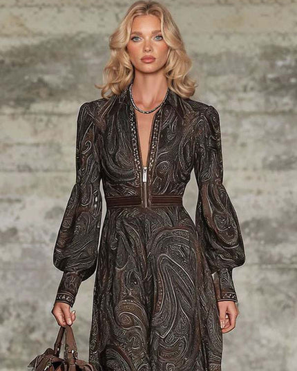 Retro Paisley Print Zipper Maxi Dress