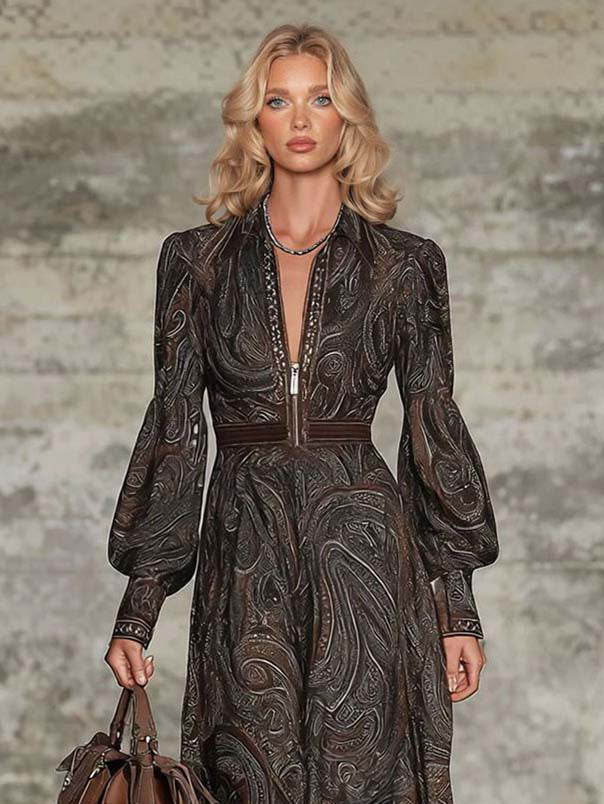 Retro Paisley Print Zipper Maxi Dress