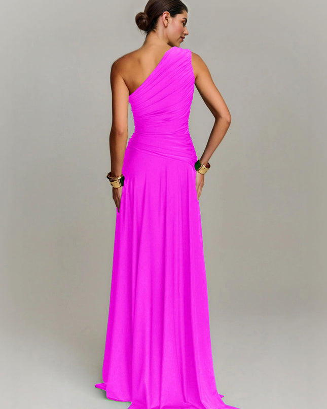 Elegant Draped One Shoulder Cocktail Maxi Dress