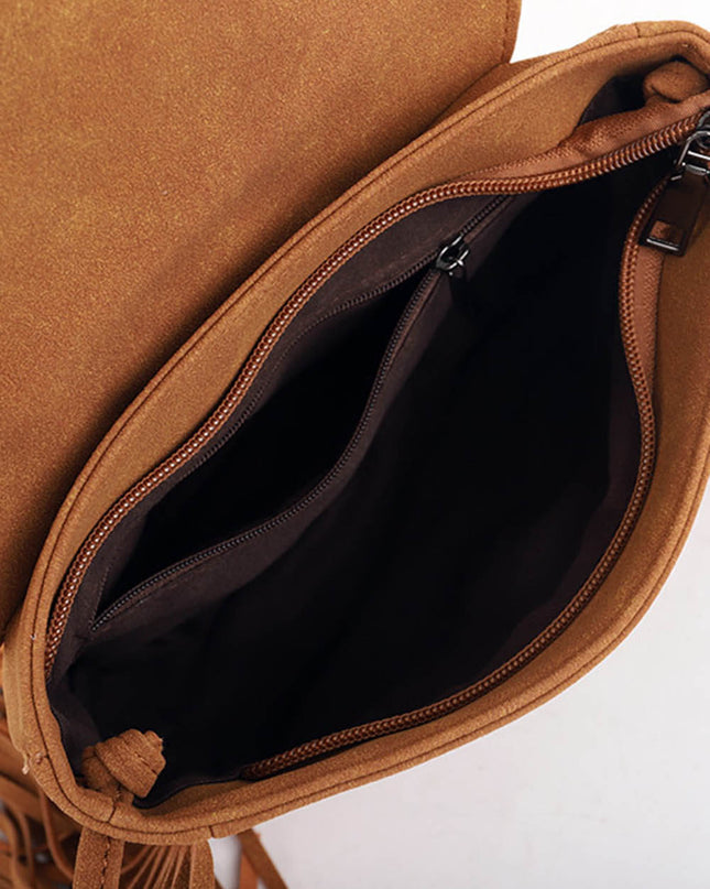 Woven Semi Circular Leather Tassel Crossbody Bag