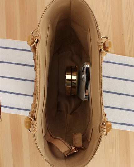 Bamboo Handle Striped Contrast Color Straw Handbag