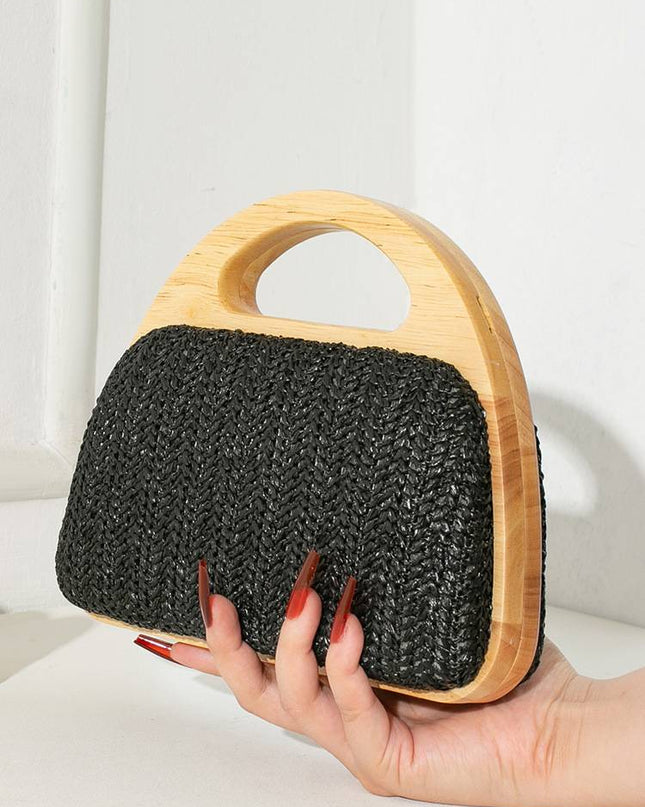 Straw and wood patchwork handbag