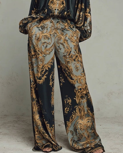 Retro Baroque Print Deep V-Neck Relaxed Fit Set