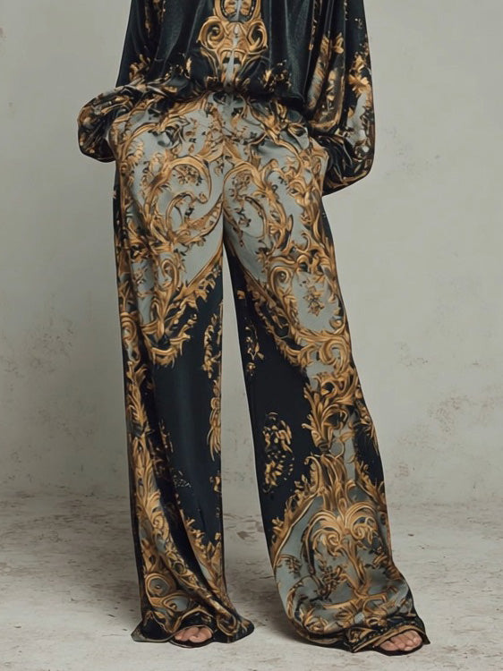 Retro Baroque Print Deep V-Neck Relaxed Fit Set