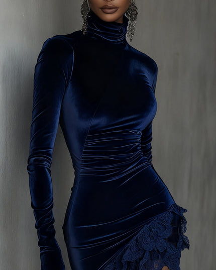 Elegant Velvet Turtleneck Lace Hem Fitted Mini Dress