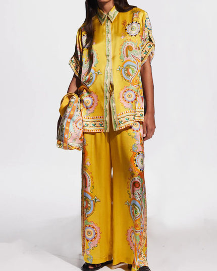"Golden Paisley" Yellow Satin Paisley Print Two-Piece Set