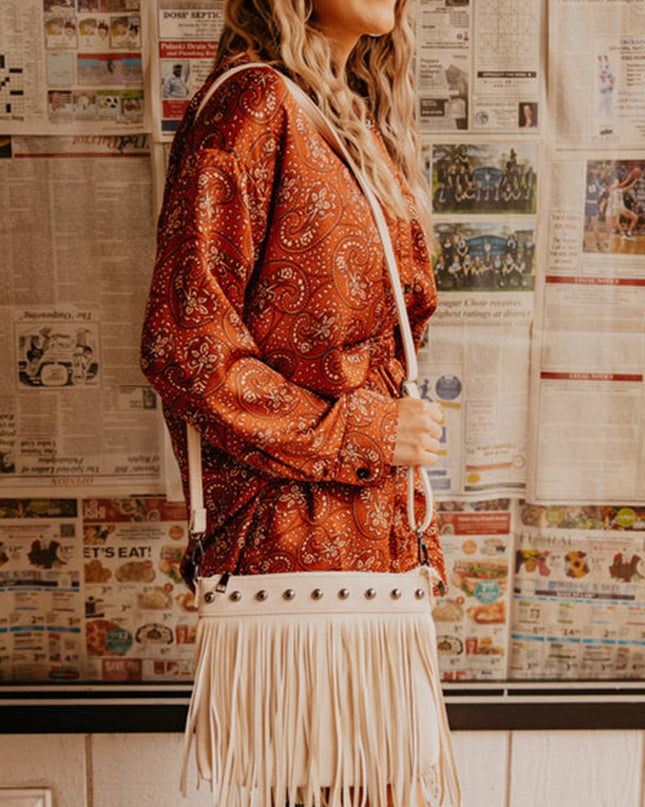 Fringe Decor Crossbody Bag White