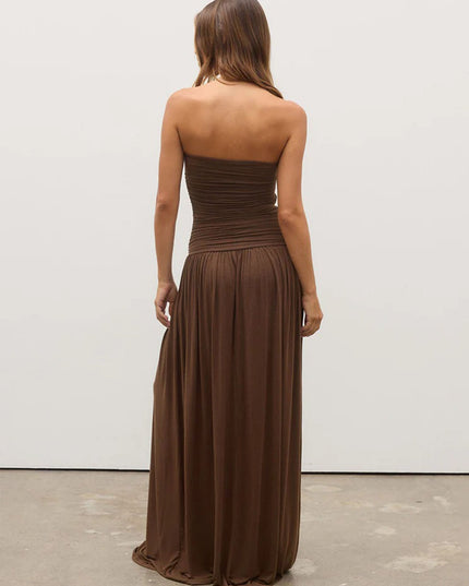 "Cocooned" Brown Strapless Ruched Maxi Dress