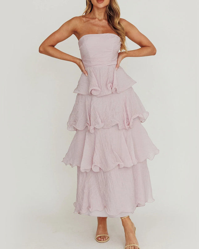 "Blush Whisper" Blush Strapless Tiered Maxi Dress