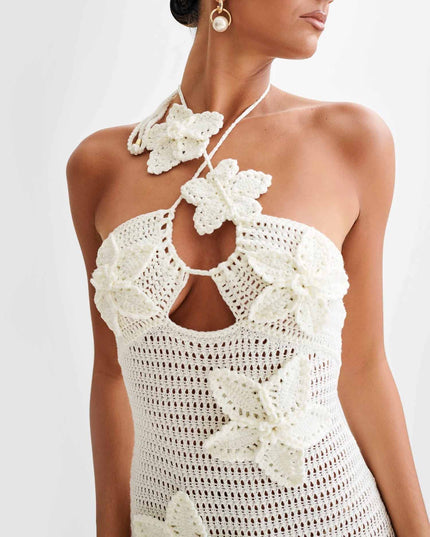 "Tropical Bloom" White Crochet Floral Halter Maxi Dress