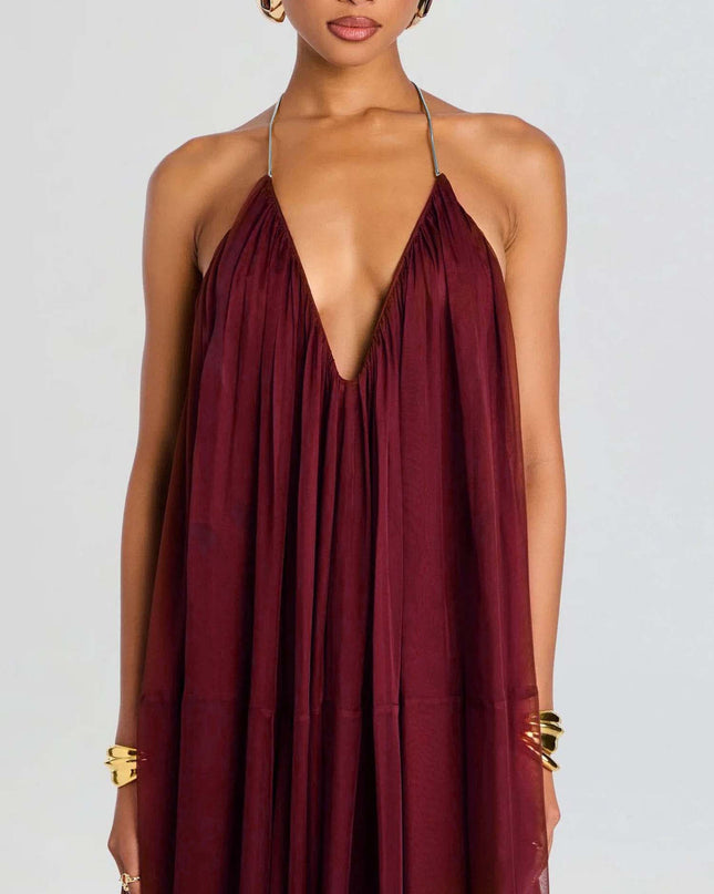 "Burgundy Breeze" Halter Neck Sheer Maxi Dress