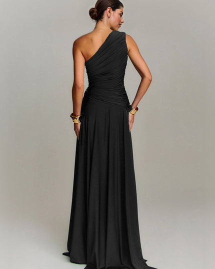 Elegant Draped One Shoulder Cocktail Maxi Dress