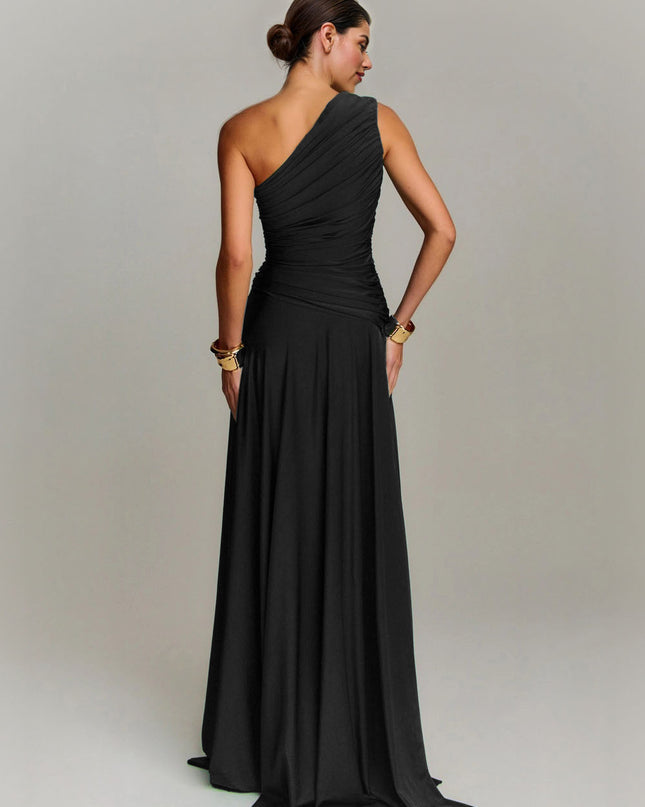 Elegant Draped One Shoulder Cocktail Maxi Dress