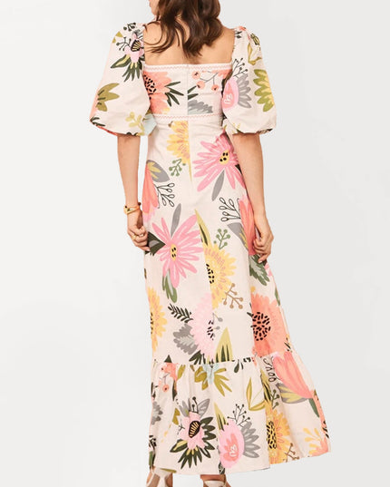 "Sunflower Garden" Floral Print Puff Sleeve Maxi Dress