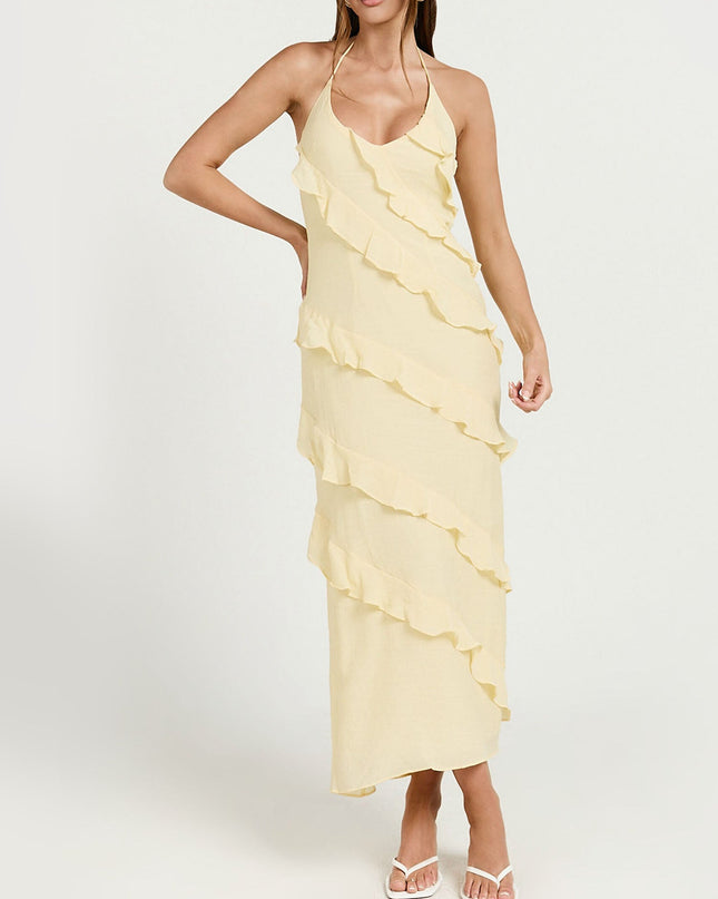 "Sunlit Ruffle" Yellow Halter Ruffle Midi Dress