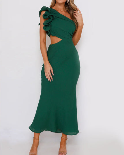 "Emerald Ruffle" One-Shoulder Maxi Dress