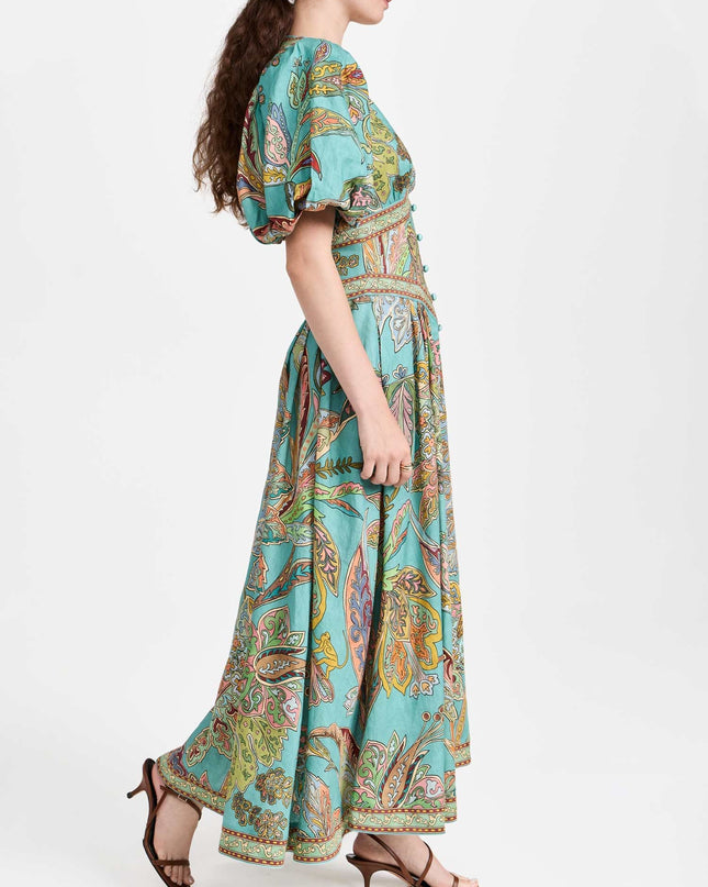 "Turquoise Paisley" Puff Sleeve V-Neck Maxi Dress