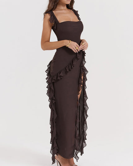 "Mocha Ruffle" Asymmetric Maxi Dress