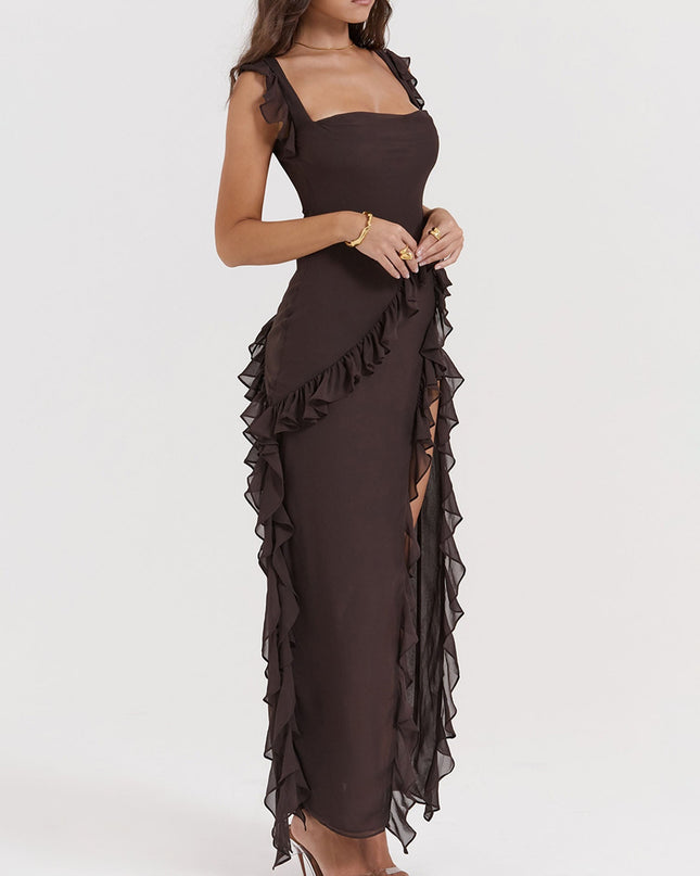 "Mocha Ruffle" Asymmetric Maxi Dress