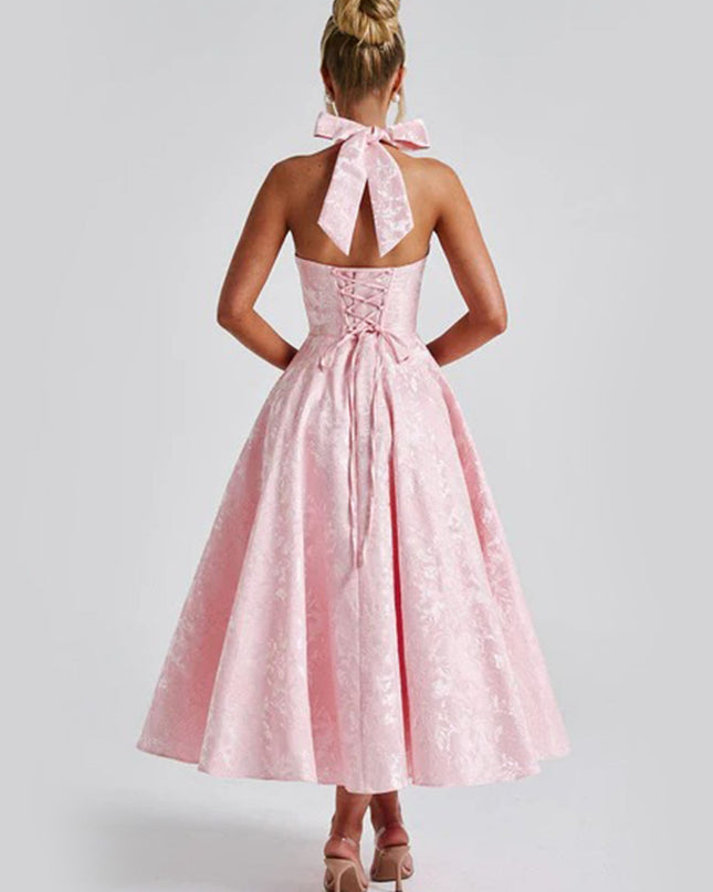 "Blush Jacquard" Halter Midi Dress