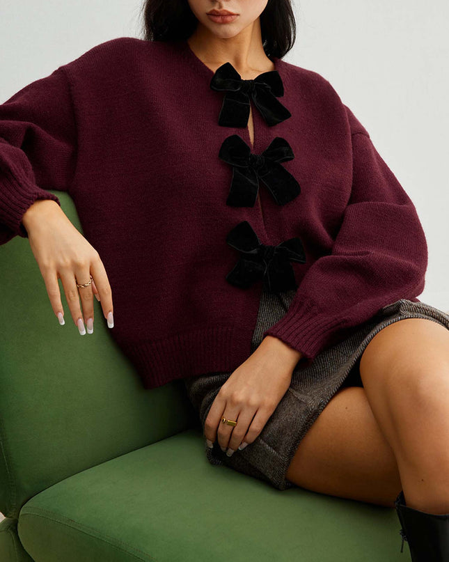 "Velvet Bow" Burgundy Knit Cardigan