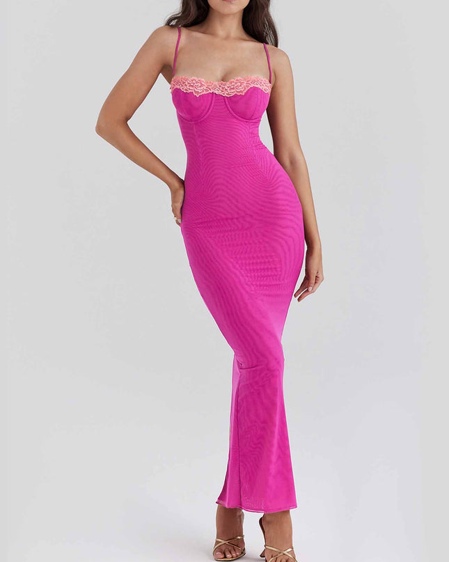 "Blush Lace" Hot Pink Mesh Maxi Dress with Pink Lace Trim