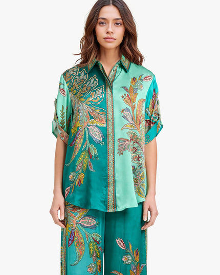 "Emerald Paisley" Teal Satin Floral Two-Piece Set