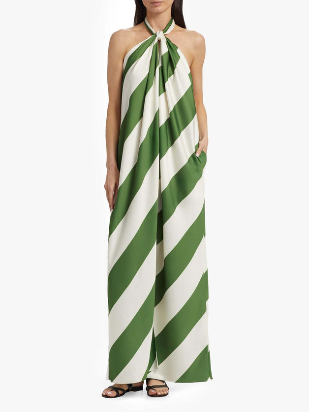 "Verdant Stripe" Halter Neck Maxi Dress