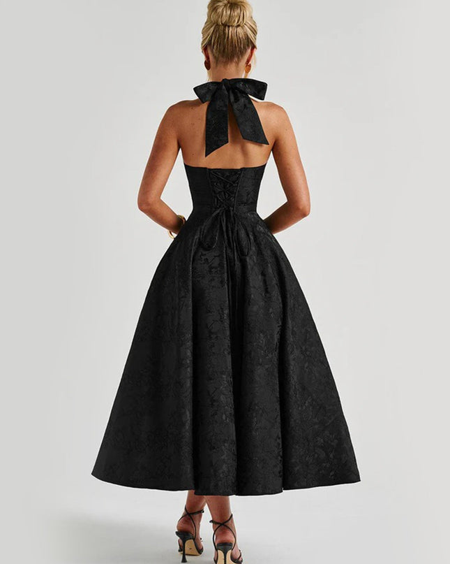 "Midnight Noir" Black Jacquard Halter Midi Dress