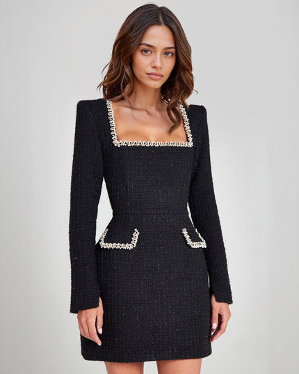 "Couture Tweed" Pearl-Trim Square Neck Mini Dress