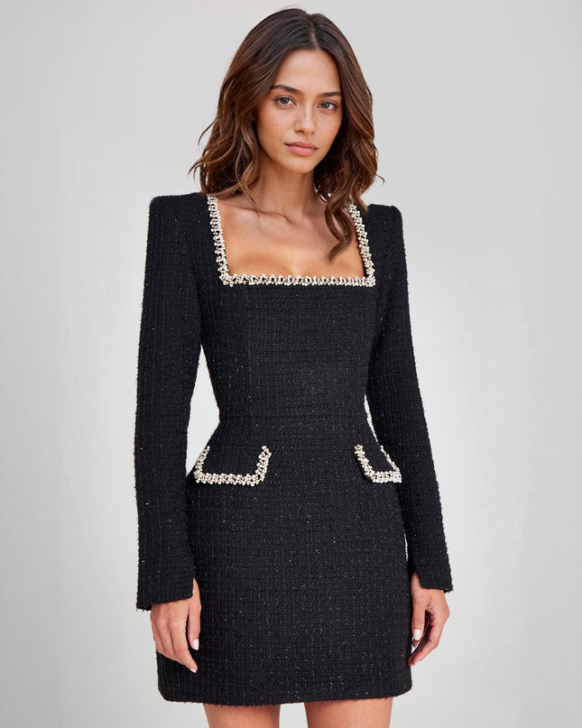 "Couture Tweed" Pearl-Trim Square Neck Mini Dress