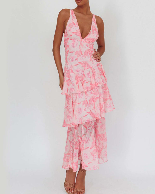 "Blush Petal" Pink Floral Tiered Maxi Dress
