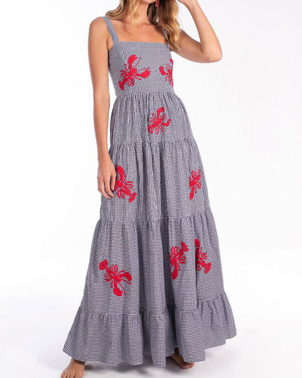 "Crawfish Picnic" Gingham & Lobster Embroidered Maxi Dress