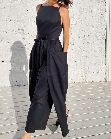 "Classic Noir" Sleeveless Tie-Waist Maxi Dress