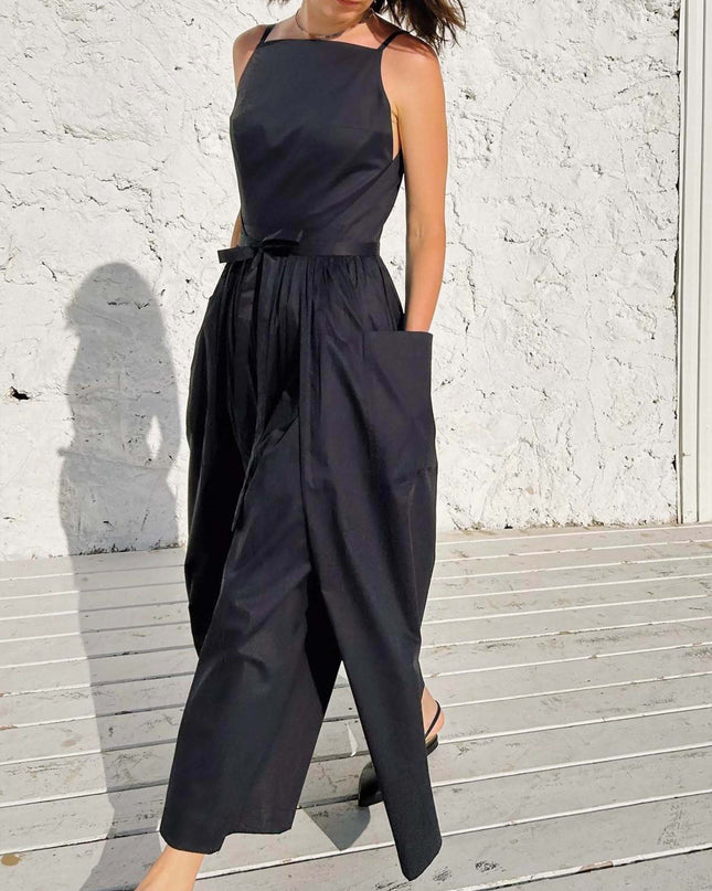 "Classic Noir" Sleeveless Tie-Waist Maxi Dress