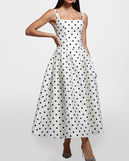 "Retro Dot" Polka Dot Square Neck Midi Dress