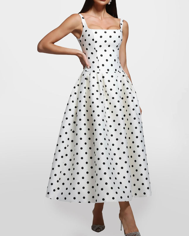 "Retro Dot" Polka Dot Square Neck Midi Dress